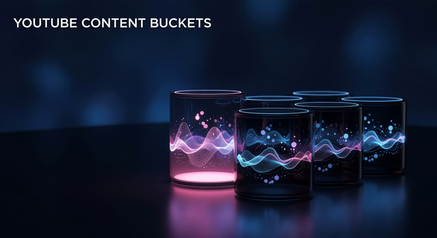YouTube content buckets analytics dashboard showing video categories grouped by topic with performance metrics for each bucket