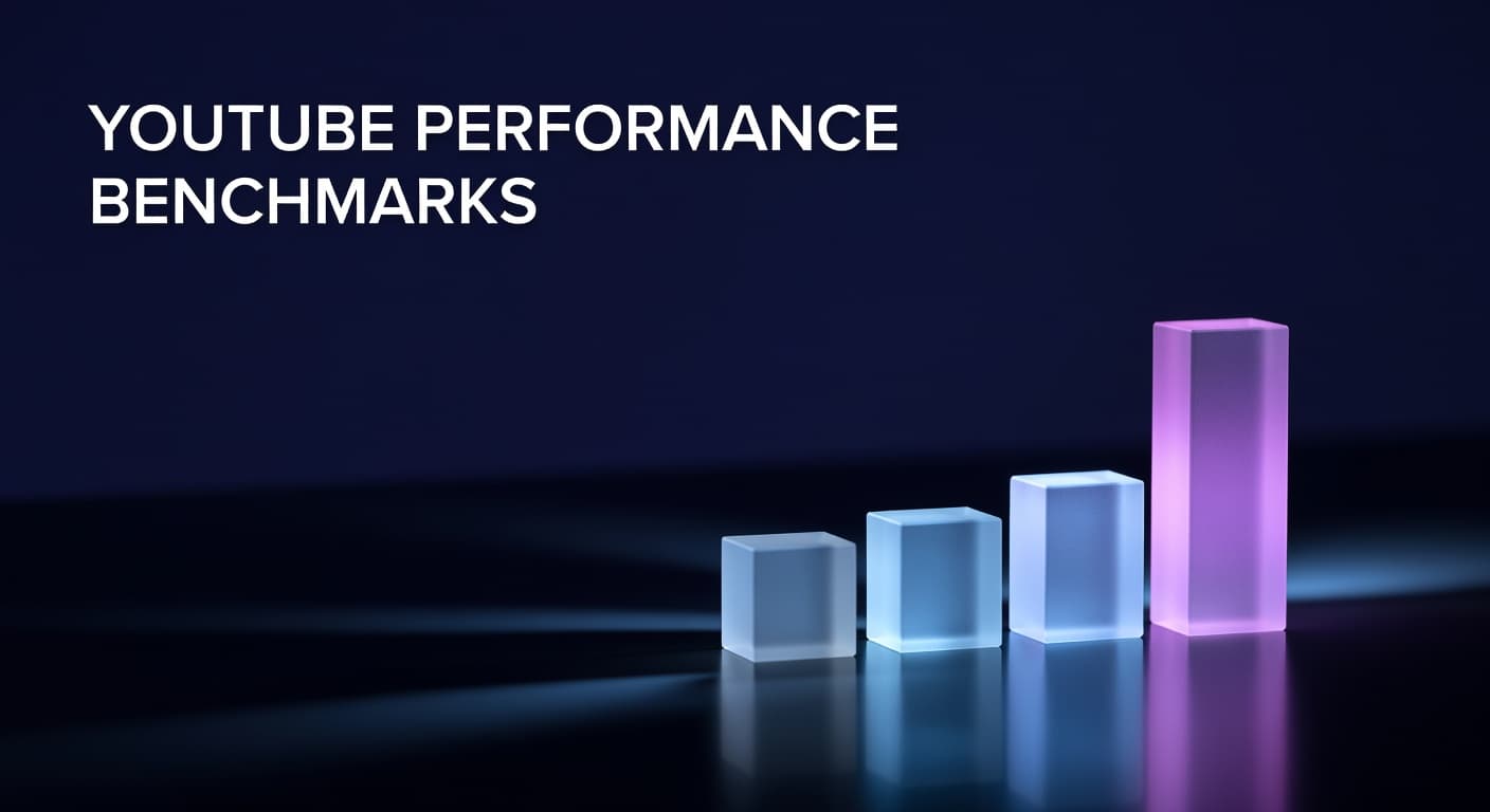 YouTube performance benchmarks dashboard showing CTR, retention, and view metrics by channel size and niche