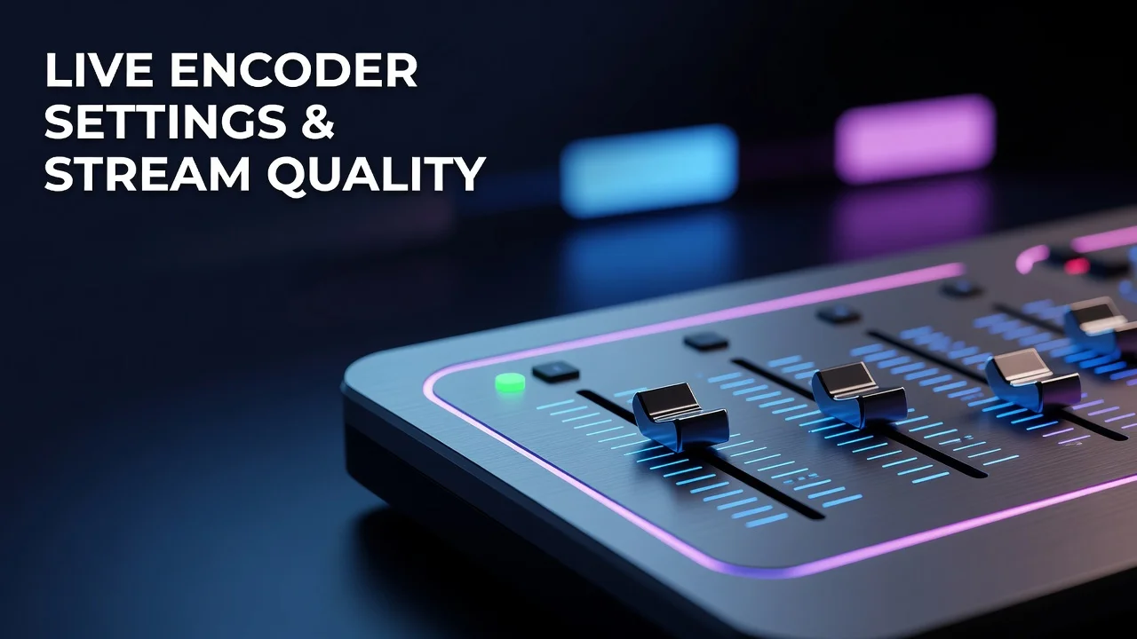 YouTube live streaming encoder setup showing bitrate and resolution settings for high-quality streams