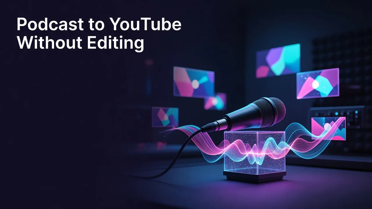 Podcast audio being transformed into a YouTube video with waveform visuals and captions, no editing software required
