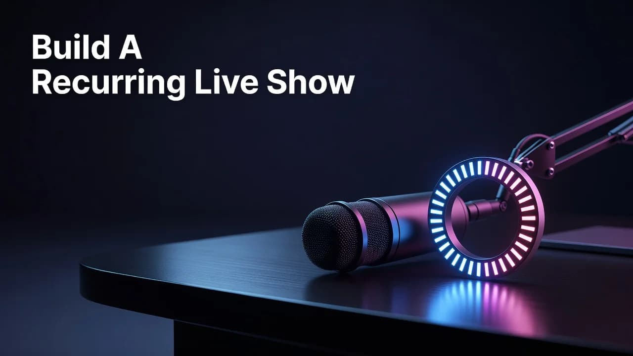 Creator hosting a branded recurring YouTube live show with a segment lineup and active chat