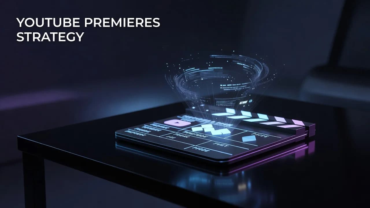 Creator watching a YouTube Premiere countdown with live chat scrolling beside a scheduled video