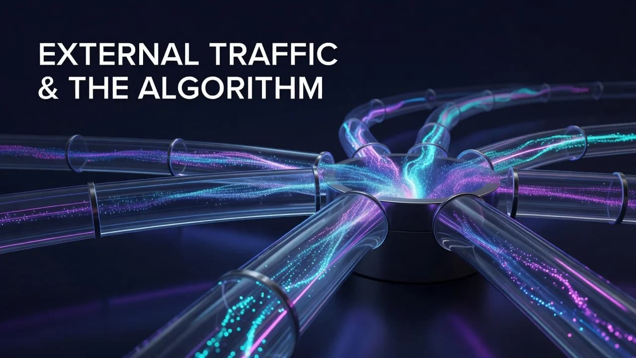 Diagram showing external traffic sources feeding into YouTube's recommendation system alongside browse and suggested traffic