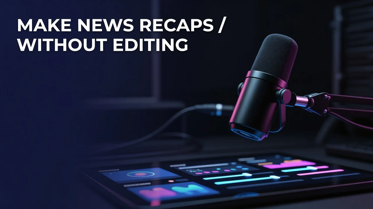 A faceless news recap video workflow showing headlines converted into a scripted, narrated YouTube video