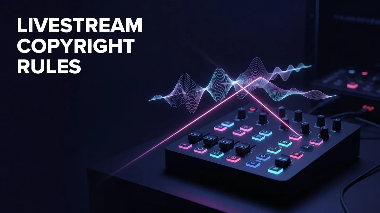 Creator at a live streaming desk reviewing a copyright notice on screen during a YouTube livestream
