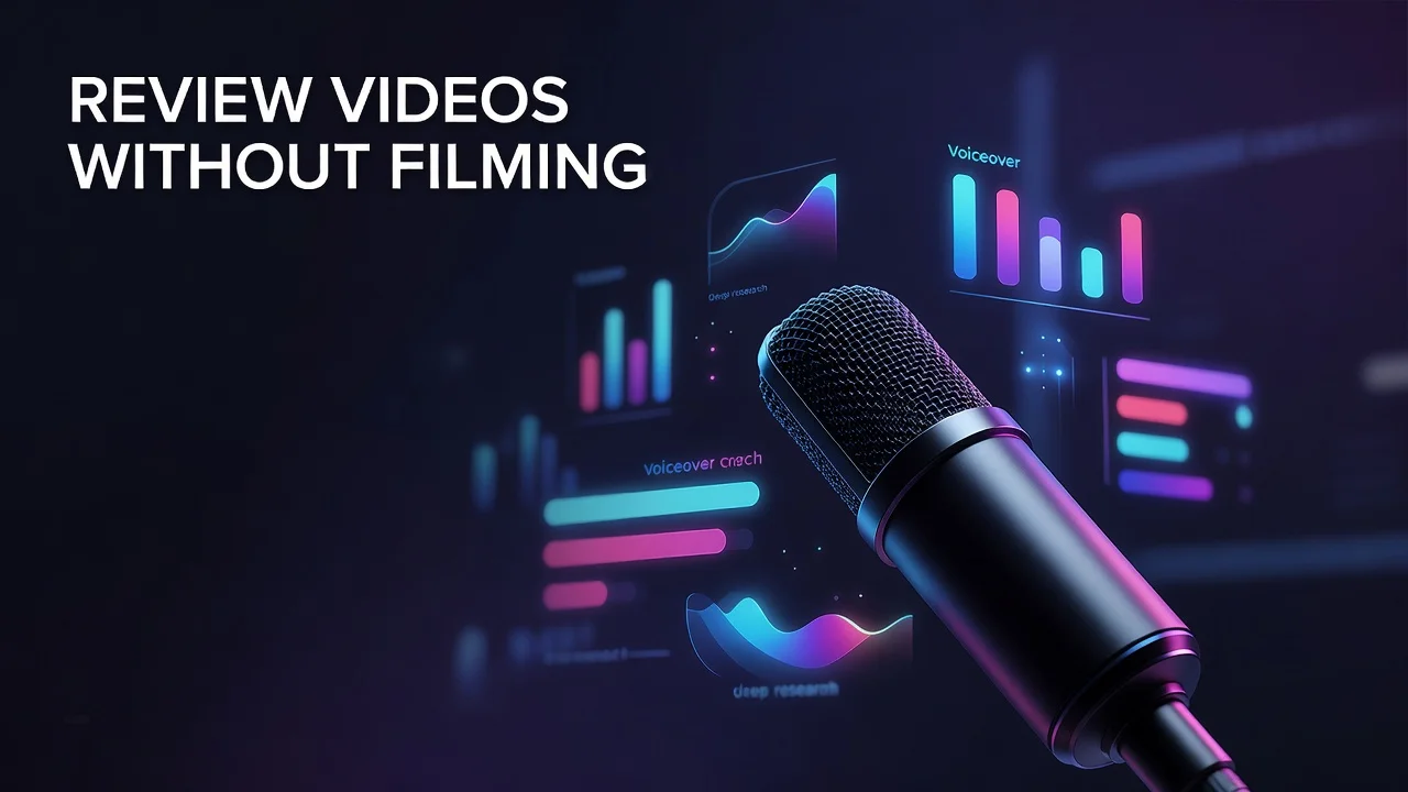 Product comparison review video layout showing side-by-side product specs and stock footage on a screen