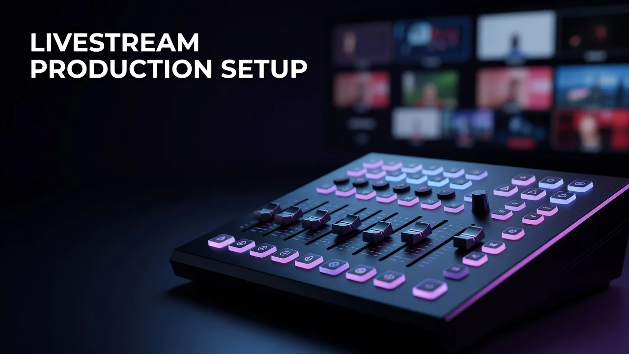 Creator's livestream production setup showing multi-camera scenes and on-screen overlay graphics