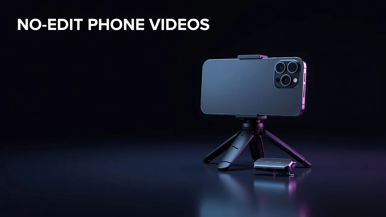 Smartphone mounted on a small tripod filming a creator speaking, with a ring light and lapel microphone visible in the frame