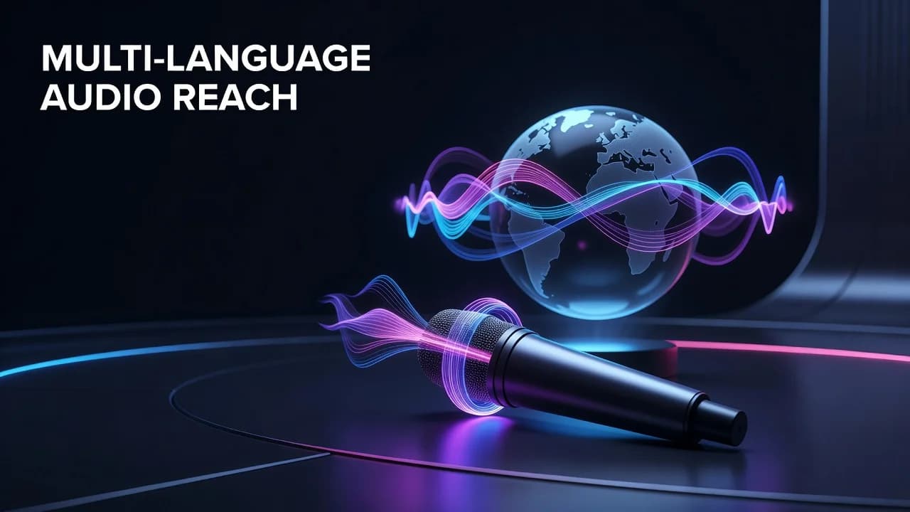 Creator reviewing multi-language audio track options for a YouTube video with global audience reach visualized