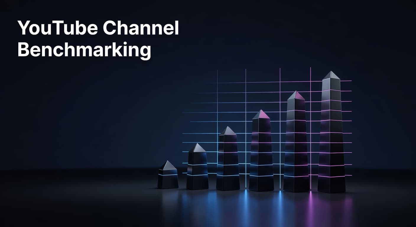 YouTube channel benchmarking dashboard showing competitor metrics comparison including views, outlier rate, and engagement rate