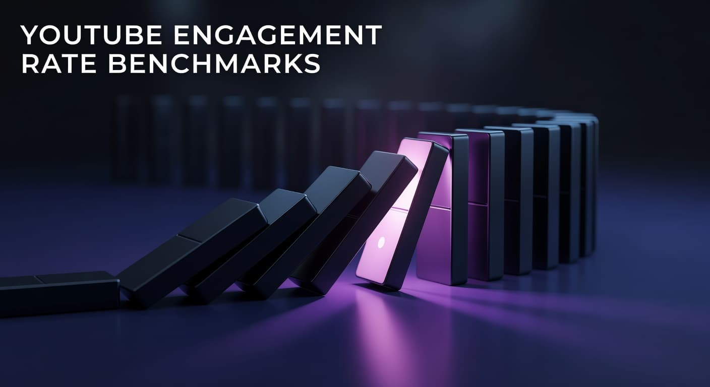 YouTube engagement rate benchmarks dashboard showing likes, comments, and shares metrics by channel size