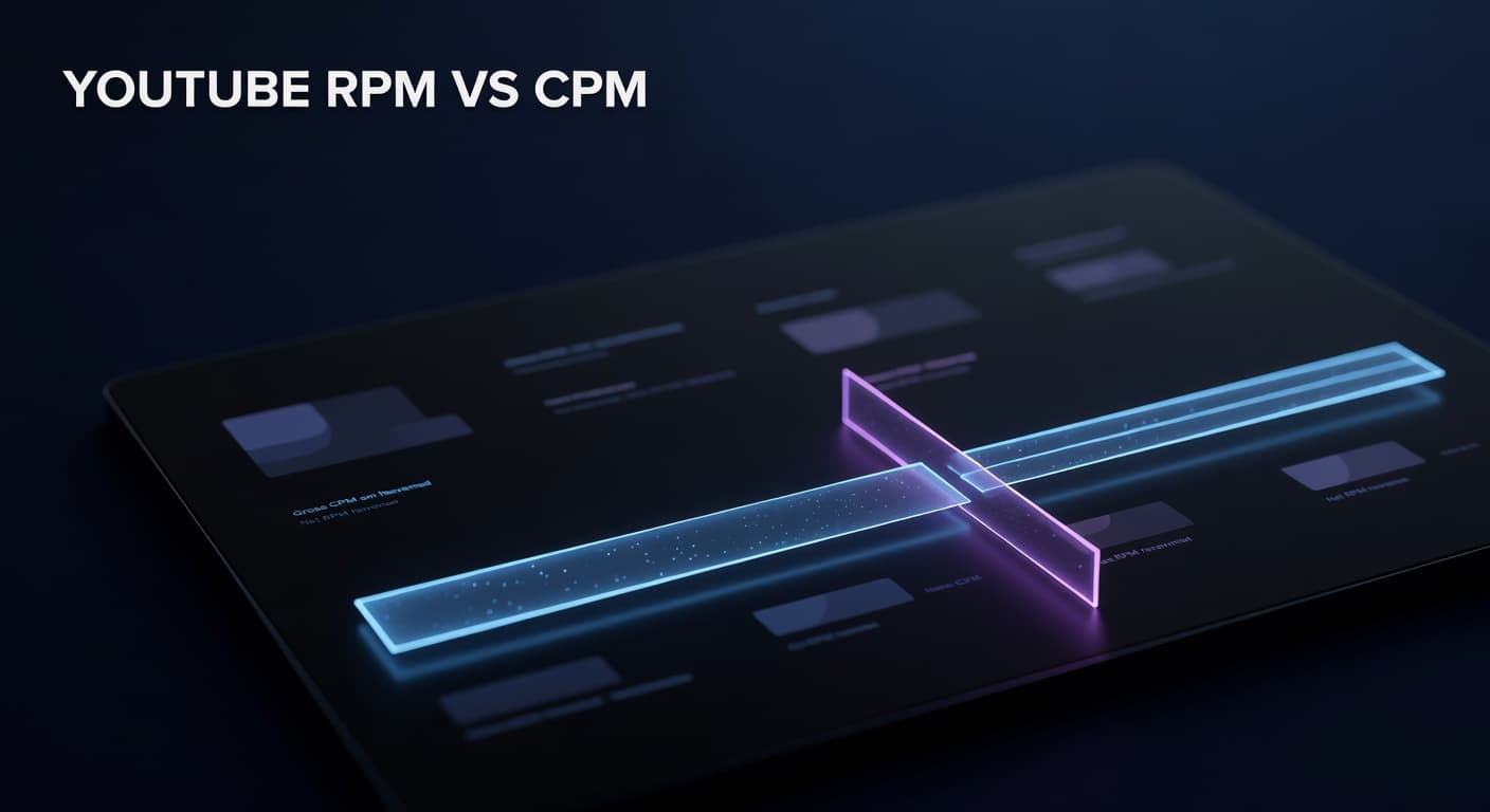 YouTube RPM vs CPM revenue analytics dashboard showing earnings per view metrics