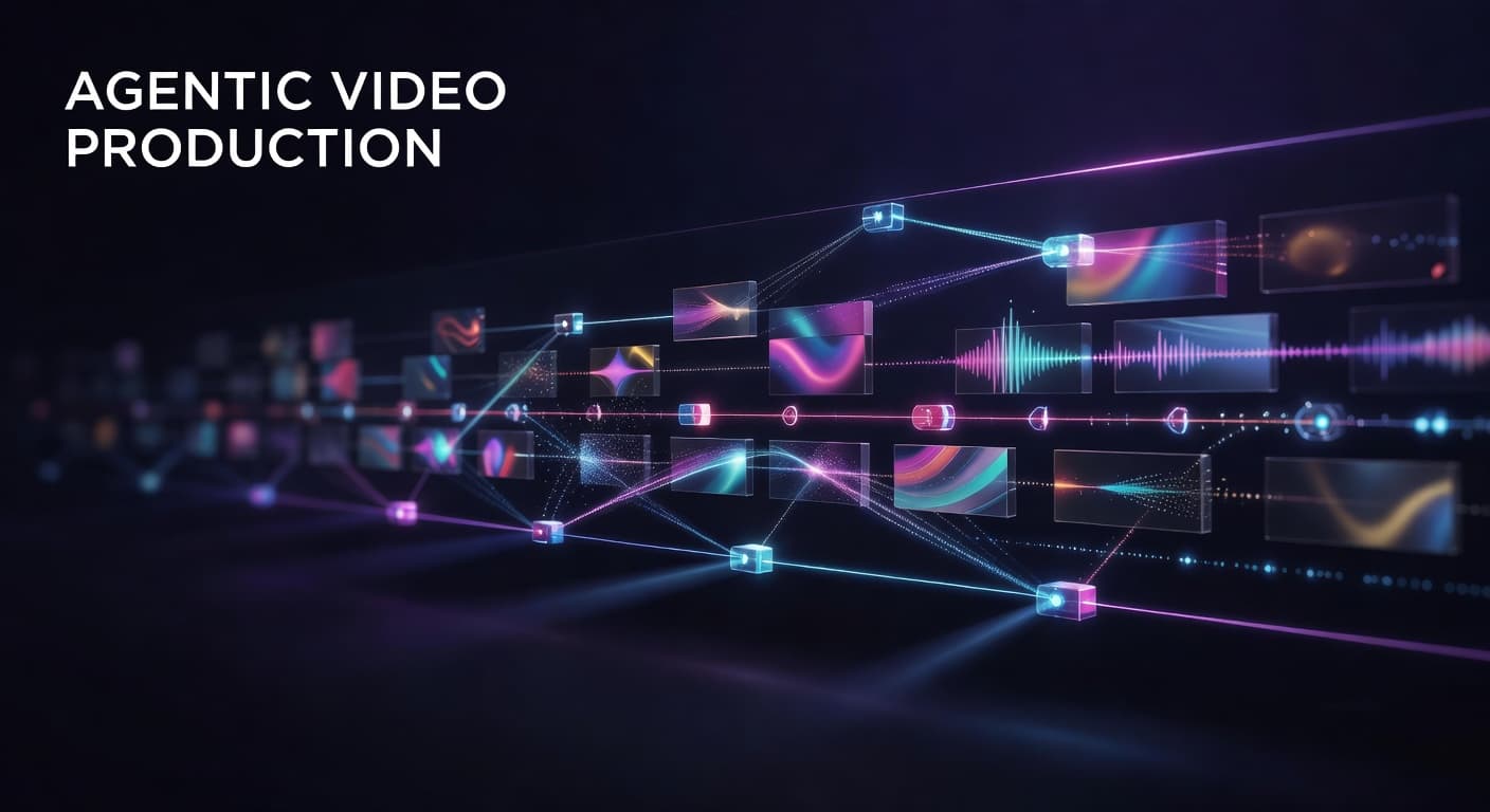 Agentic video workflow diagram showing script to finished YouTube video pipeline without editing software