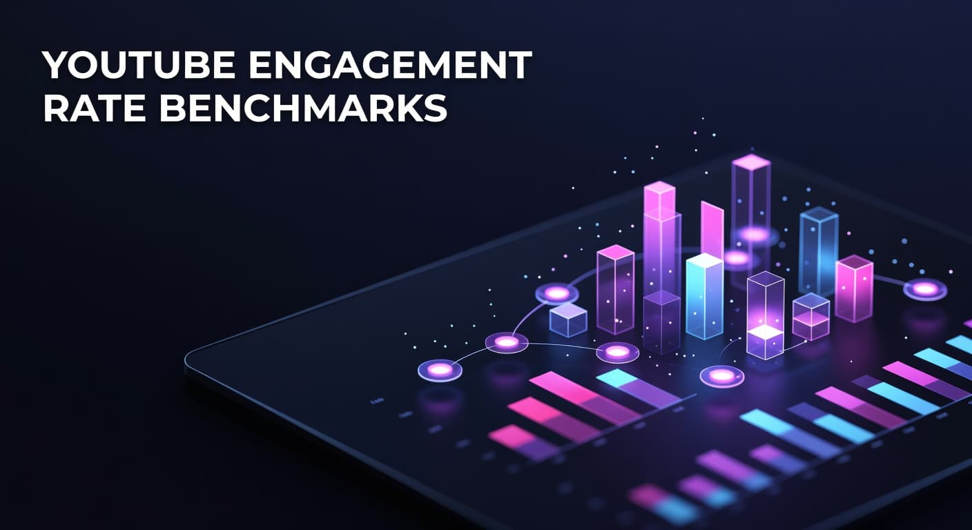 YouTube engagement rate benchmarks dashboard showing likes, comments, and interaction metrics by niche and channel size