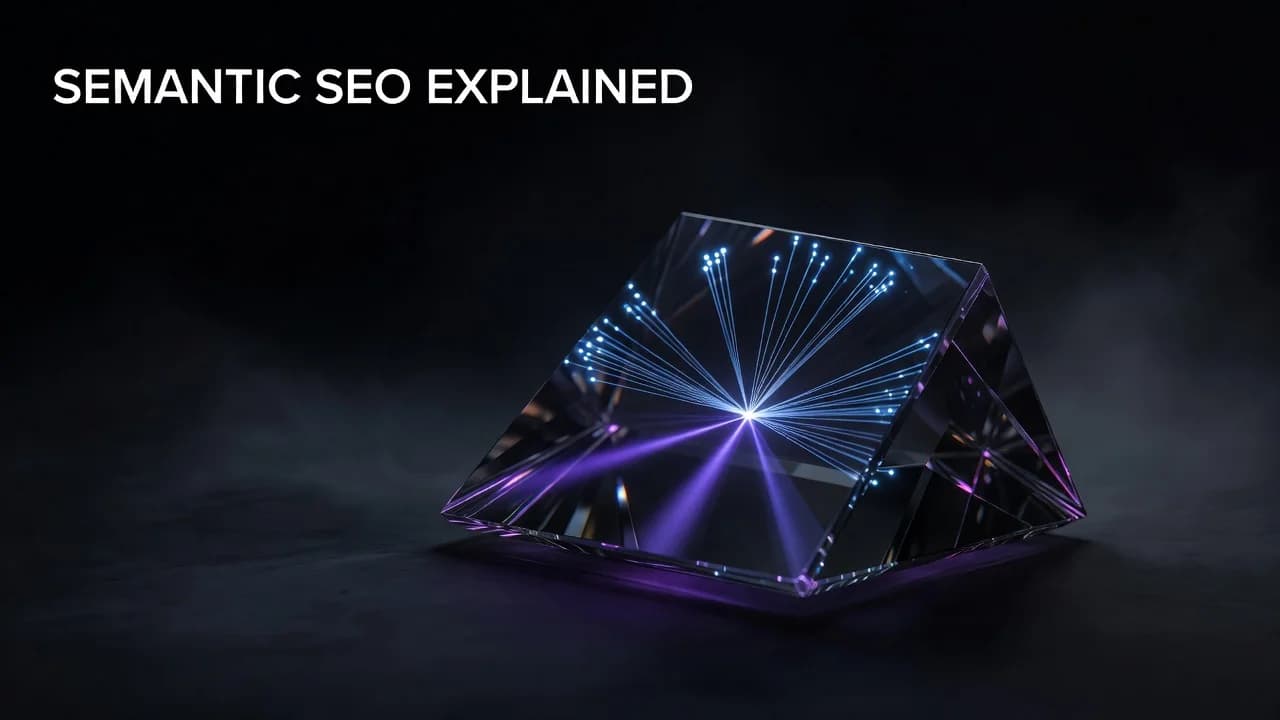 Diagram showing YouTube semantic SEO signals connecting metadata fields to a central video topic