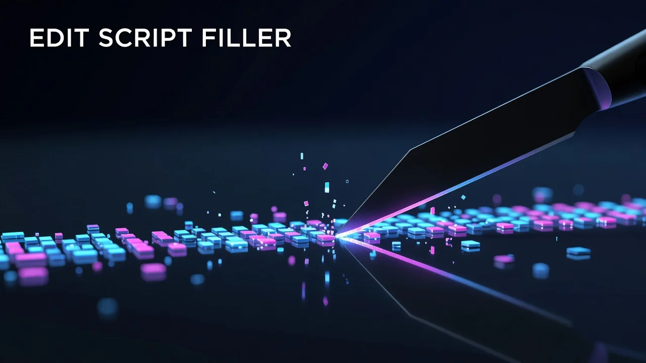 A creator revising a YouTube script draft, striking out filler words to tighten pacing and improve retention