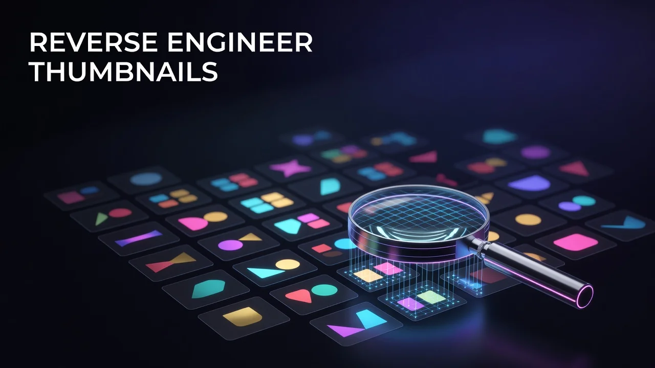 A creator studying a grid of high-performing YouTube thumbnails to identify winning design patterns for thumbnail research