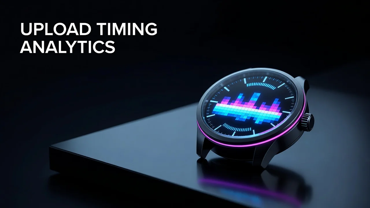 Creator reviewing a weekly YouTube upload timing heatmap showing best publish days and hours