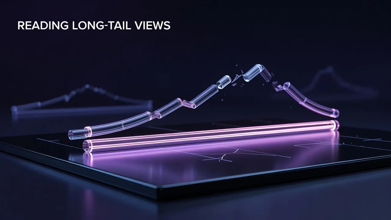 Analytics chart showing evergreen YouTube video accumulating long-tail views over months compared to a spiking viral video
