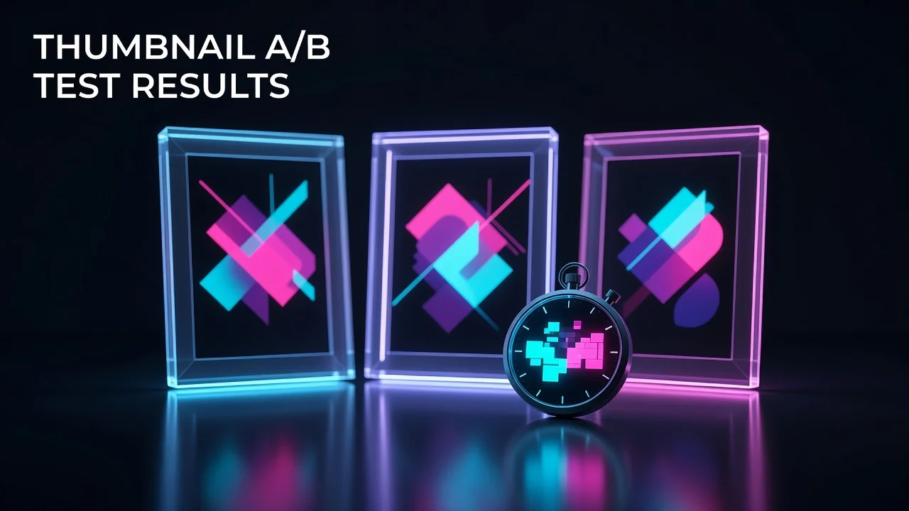Three YouTube thumbnail variants displayed side by side with performance scores from an A/B test