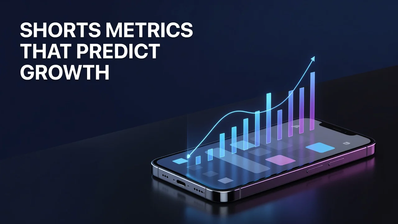 Creator reviewing YouTube Shorts analytics metrics including viewed versus swiped away on a mobile screen
