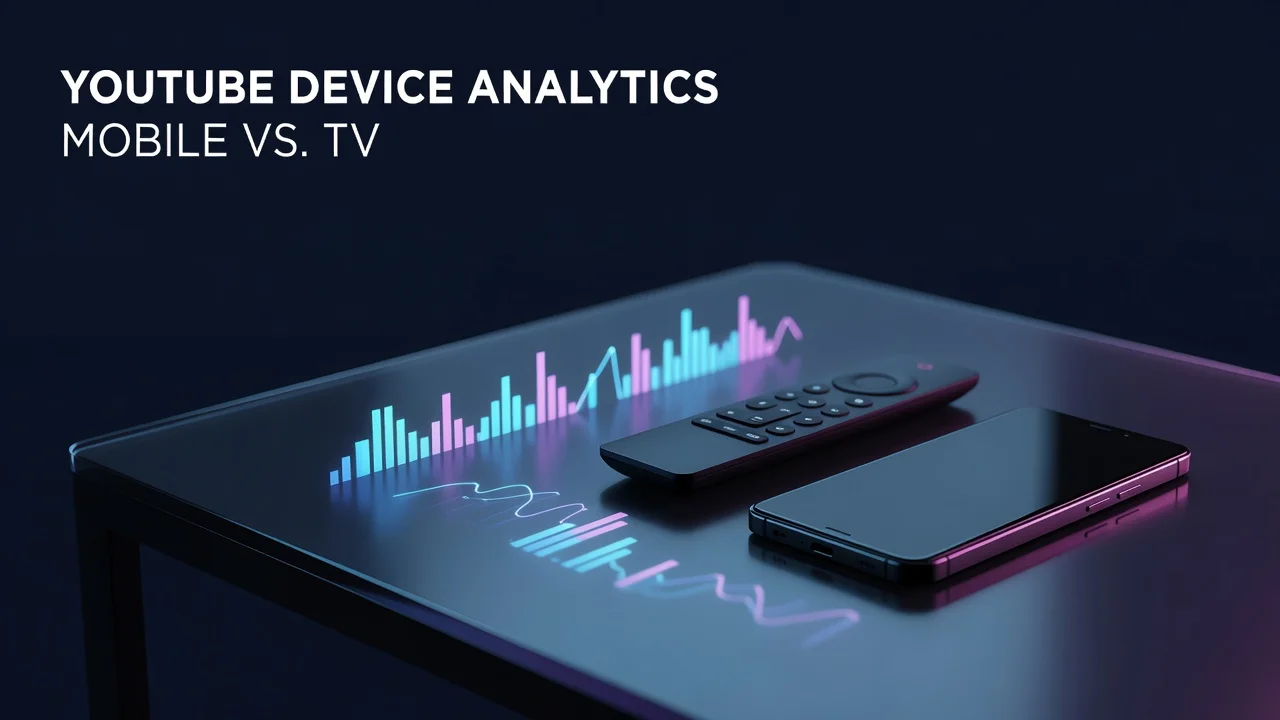 Comparison of a YouTube video playing on a smartphone, laptop and living-room television screen illustrating device analytics
