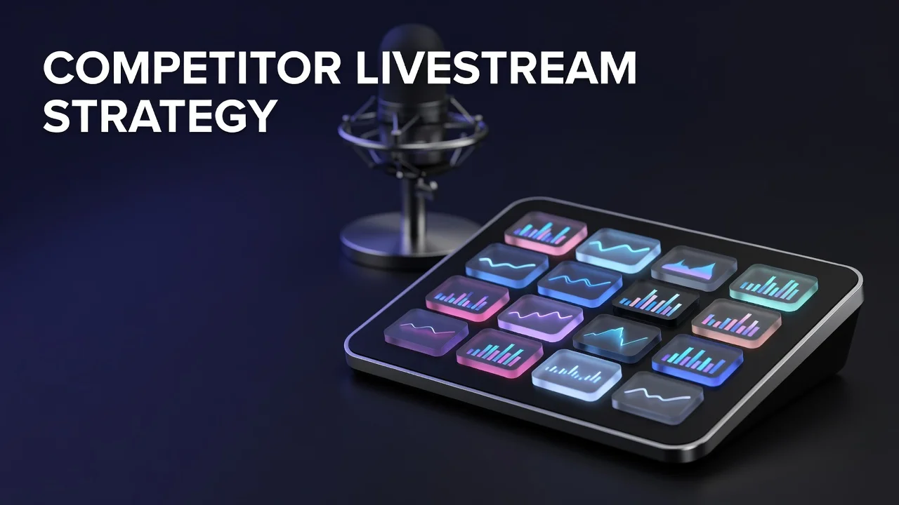 Creator studying competitor livestream performance data on a screen while planning a YouTube live strategy