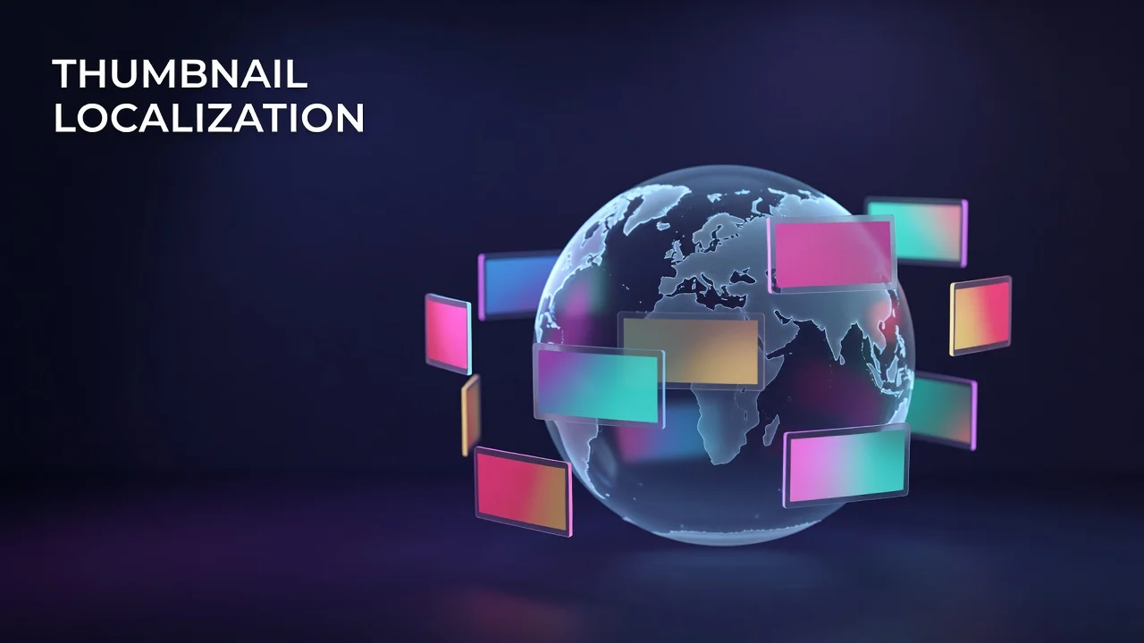 World map with YouTube thumbnail frames in different languages connected to regions, illustrating thumbnail localization for global audiences