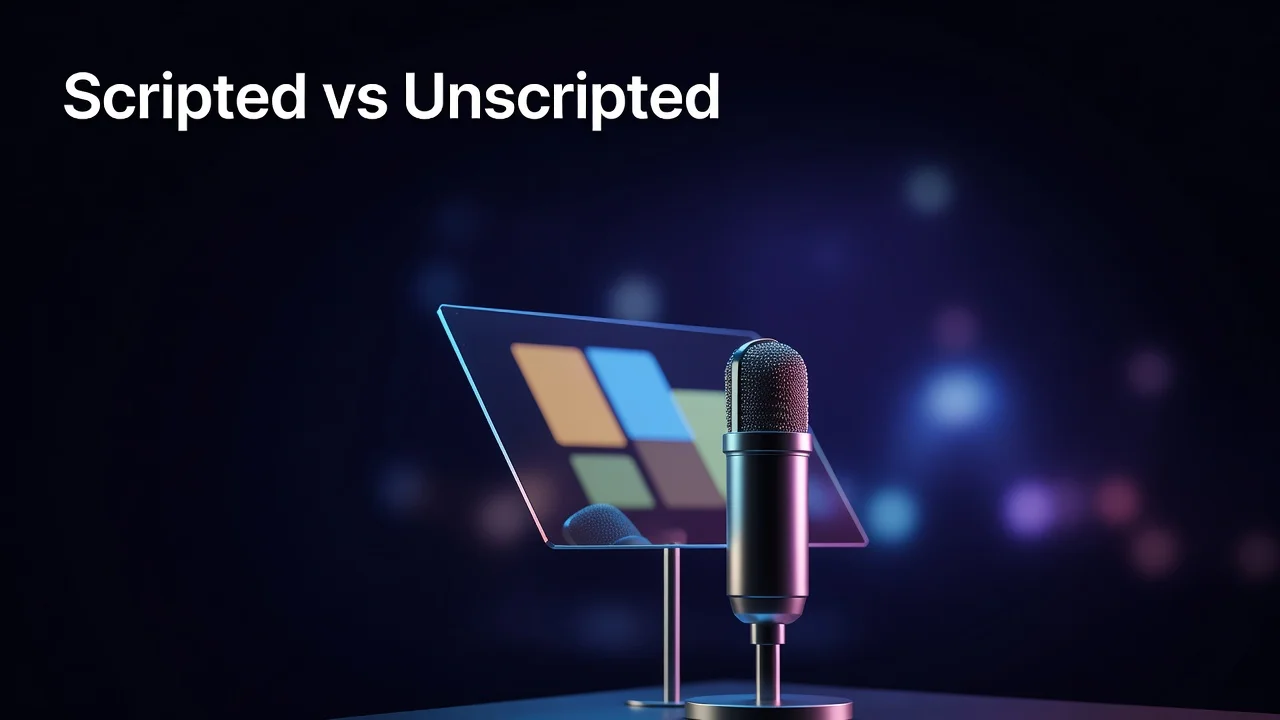 Creator at a desk comparing a written video script with bullet-point notes before recording a YouTube video