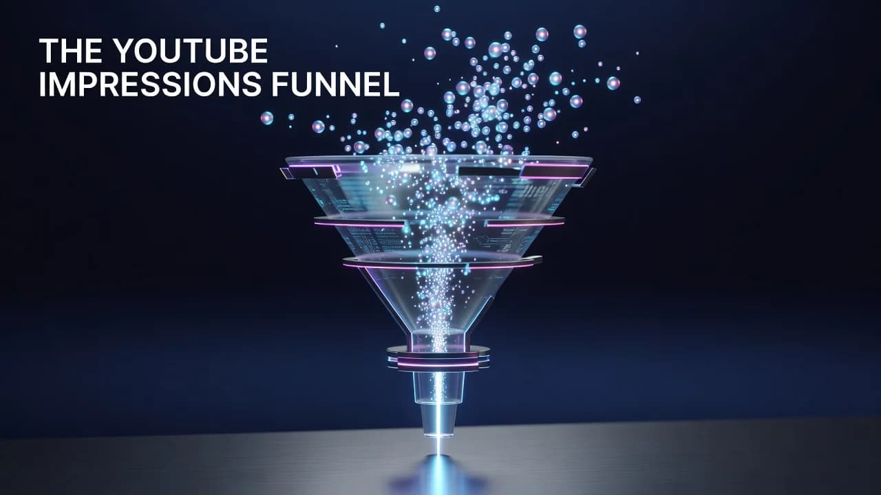 Funnel diagram showing YouTube impressions narrowing into clicks, views, and watch time for a creator's channel