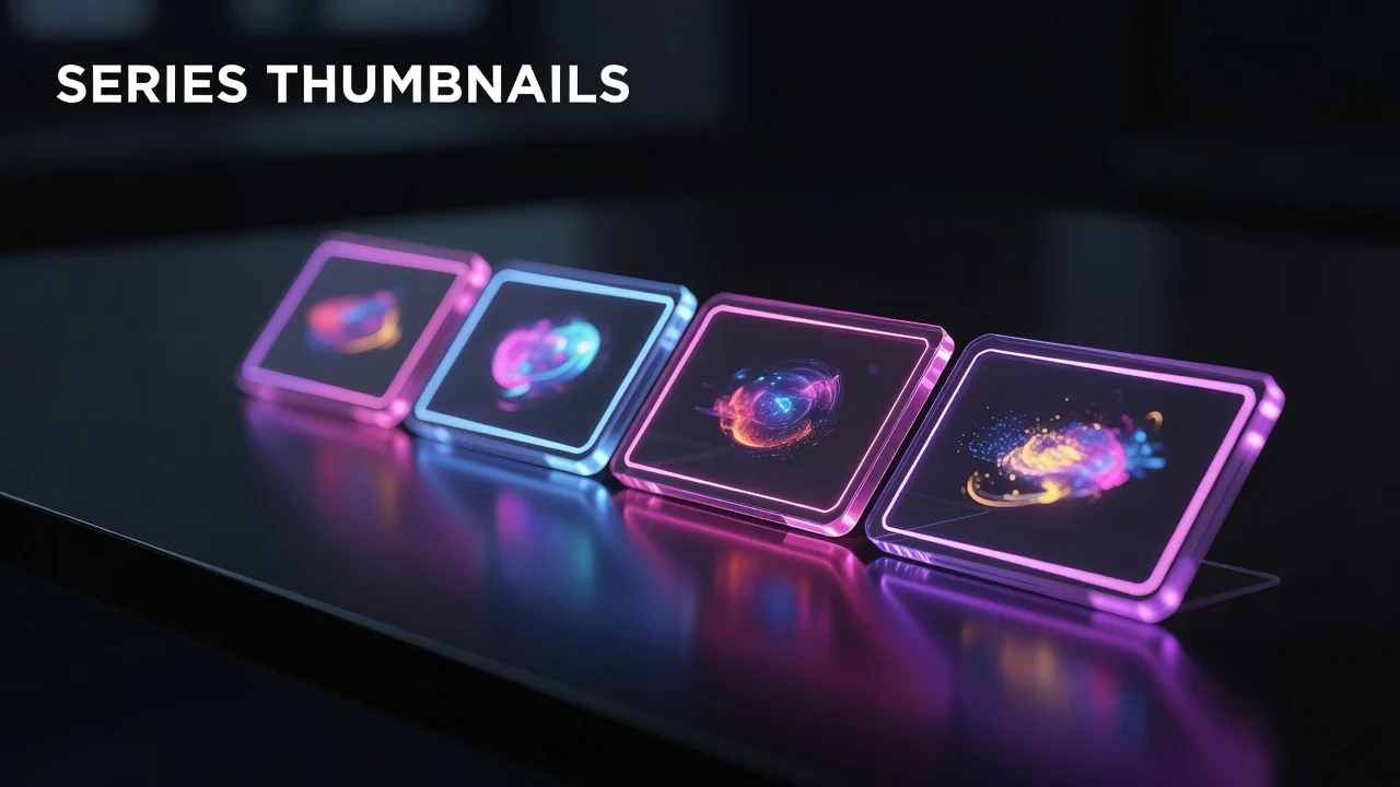 A grid of numbered YouTube series thumbnails sharing a consistent visual system across multiple episodes