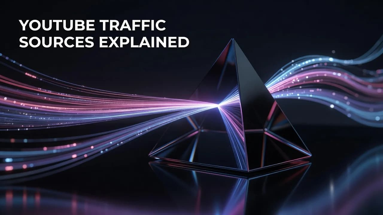 YouTube Studio traffic source report showing browse features, suggested videos, and search percentages for a creator's channel